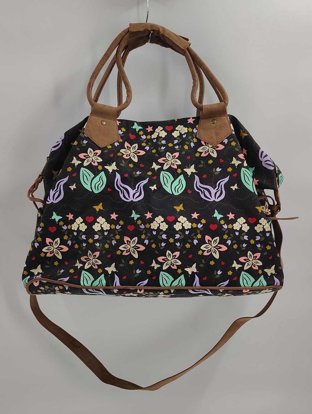 Weekender Canvas Bag Black Butterfly Floral Print Long Strap Double Handles